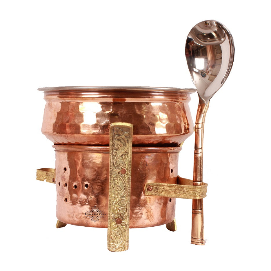 Indian Art Villa Kitchen Set of Copper Sigri with Brass Stand, Steel Copper Handi, with Serving Spoon - Food Warmer, Serving Vegetables, Dishes, Curry - Home, Hotel, Restaurants