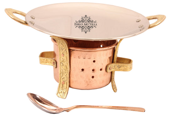 Kitchen Set of Copper Sigri with Brass Stand, Steel Copper Tawa, with Serving Spoon - Food Warmer, Serving Vegetables, Dishes, Curry - Home, Hotel, Restaurants