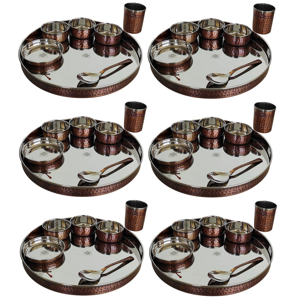 Indian Art Villa Steel Copper 7 Pieces Dinner Set of 1 Thali, 1 Glass, 1 Spoon, 1 Halwa Plate & 3 Bowls With Hammered Antique Dark Tone Design, Dinnerware, Tableware Or Crockery