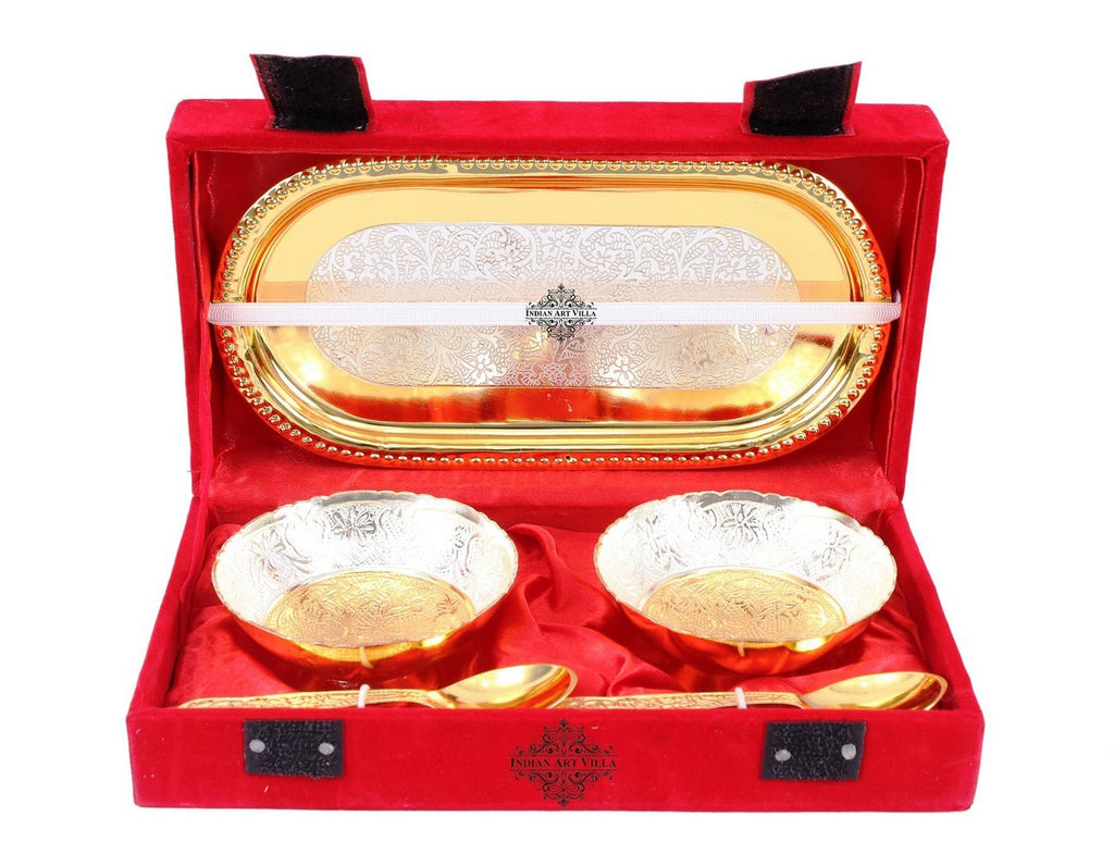 Indian Art Villa Silver Plated Gold Polished Embossed Design 2 Bowl & 2 Spoon & 1 Tray