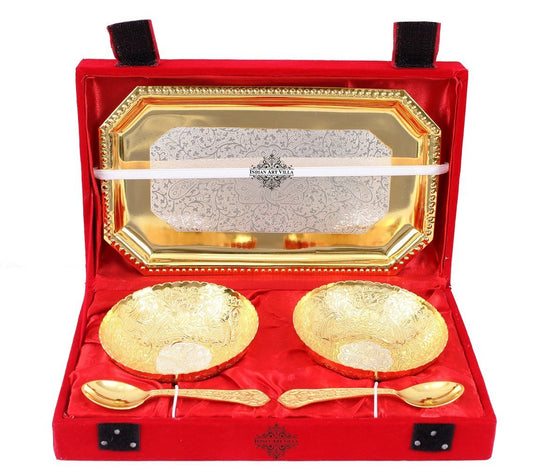 Pure Silver Plated Gold Polished Designer 2 Bowl with 2 Spoon & 1 Tray