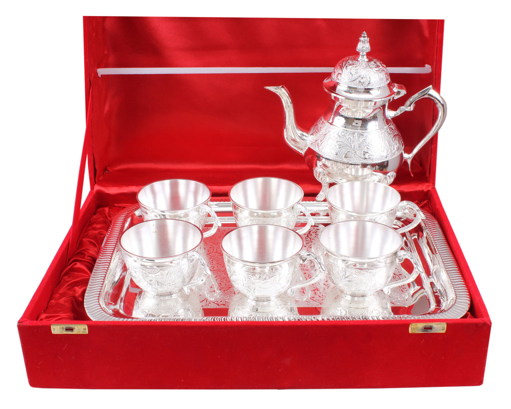Silver Plated Handmade Floral Design 1 Tea Pot with 6 Cups & 1 Tray