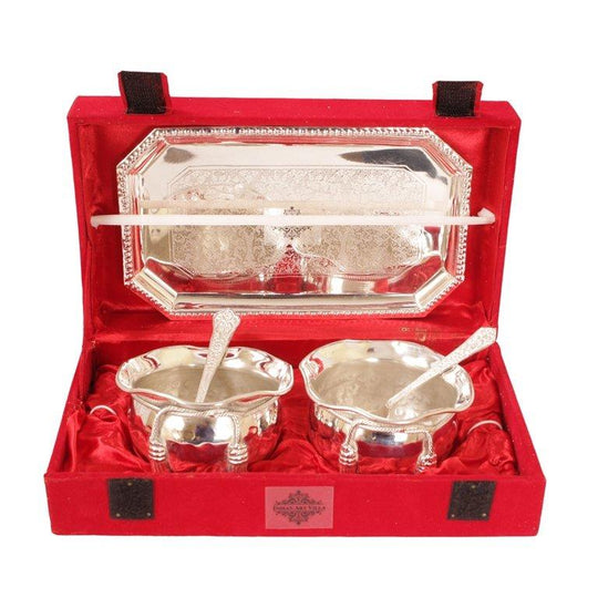 Handcrafted Pure Silver Plated Set of 2 Designer Bowl with 2 Spoon 1 Tray