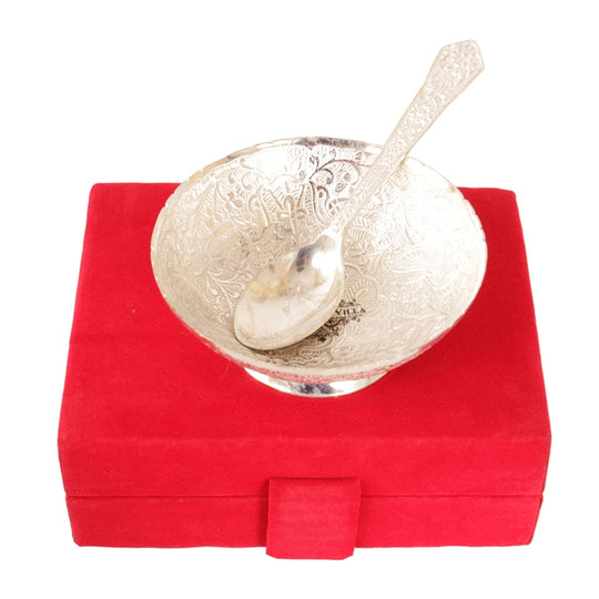 Silver plated floral bowl side view — Indian Art Villa