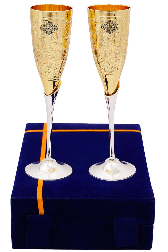 Set of 2 Silver Plated Gold Polish & Brass Champagne Wine Glass With Blue Box