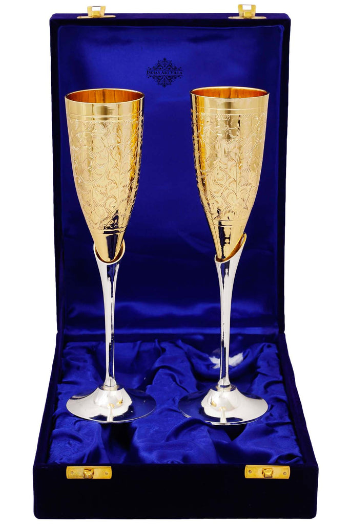 INDIAN ART VILLA Set of 2 Silver Plated Gold Polish & Brass Champagne Wine Glass With Blue Box