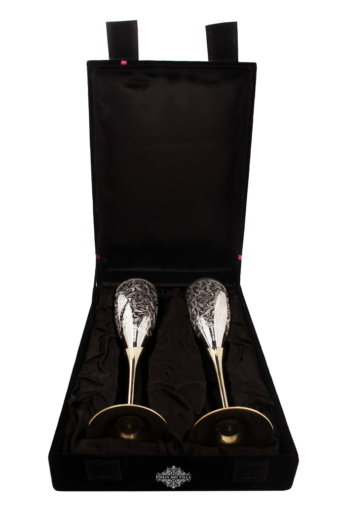 Indian Art Villa Set of 2 Silver Plated & Brass Champagne Wine Glass With Box