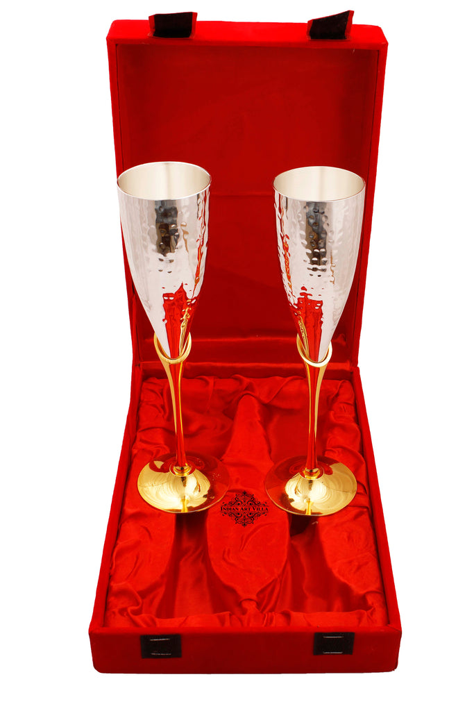 Set of 2 Silver Plated & Brass Champagne Hammered Wine Glass With Red Box