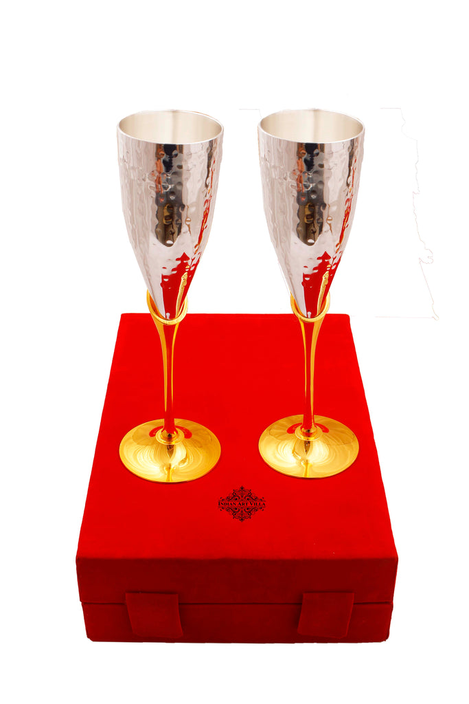 Set of 2 Silver Plated & Brass Champagne Hammered Wine Glass With Red Box