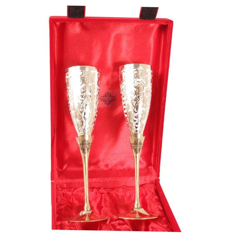 Indian Art Villa Set of 2 Silver Plated & Brass Champagne Wine Glass With Box