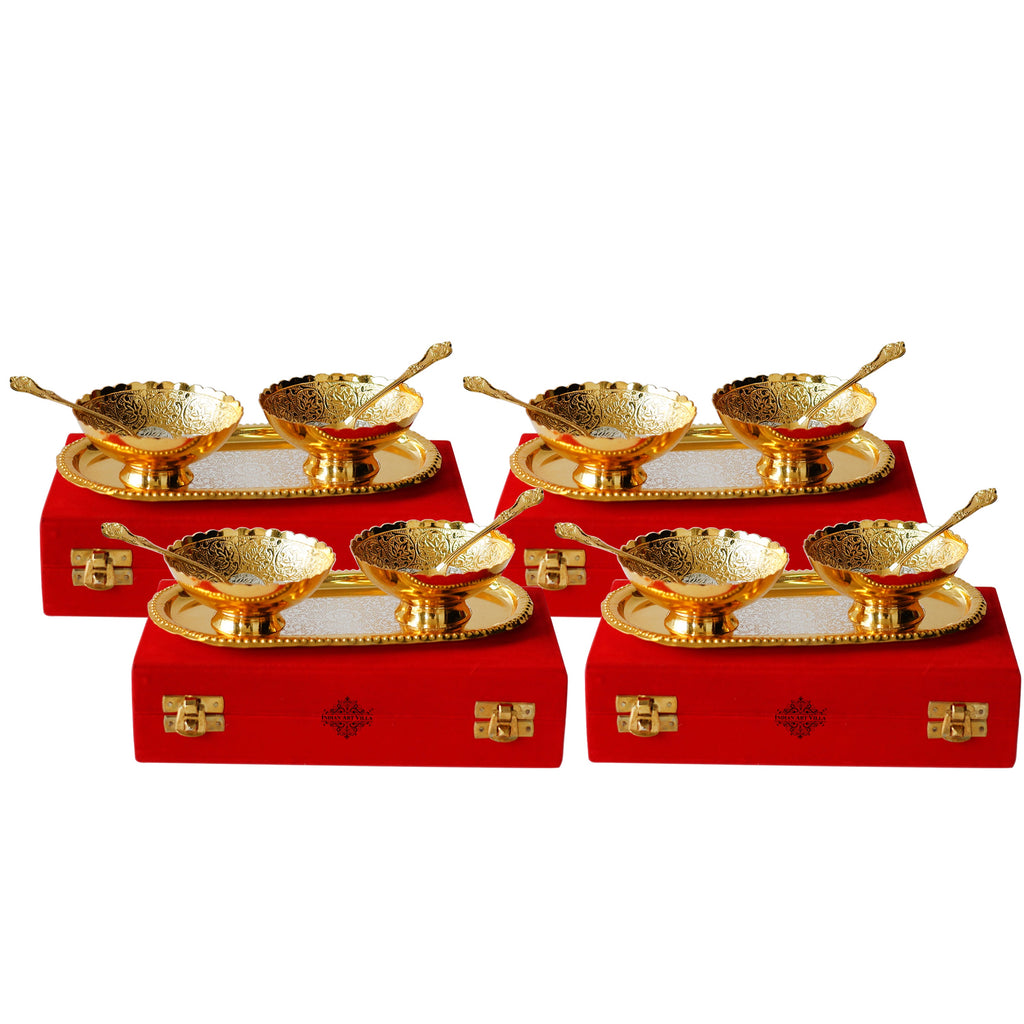 Indian Art Villa Pure Brass With Silver Plating & Gold Polished 2 Bowl, 2 Spoon & 1 Tray Set With Red Velvet Gift Box