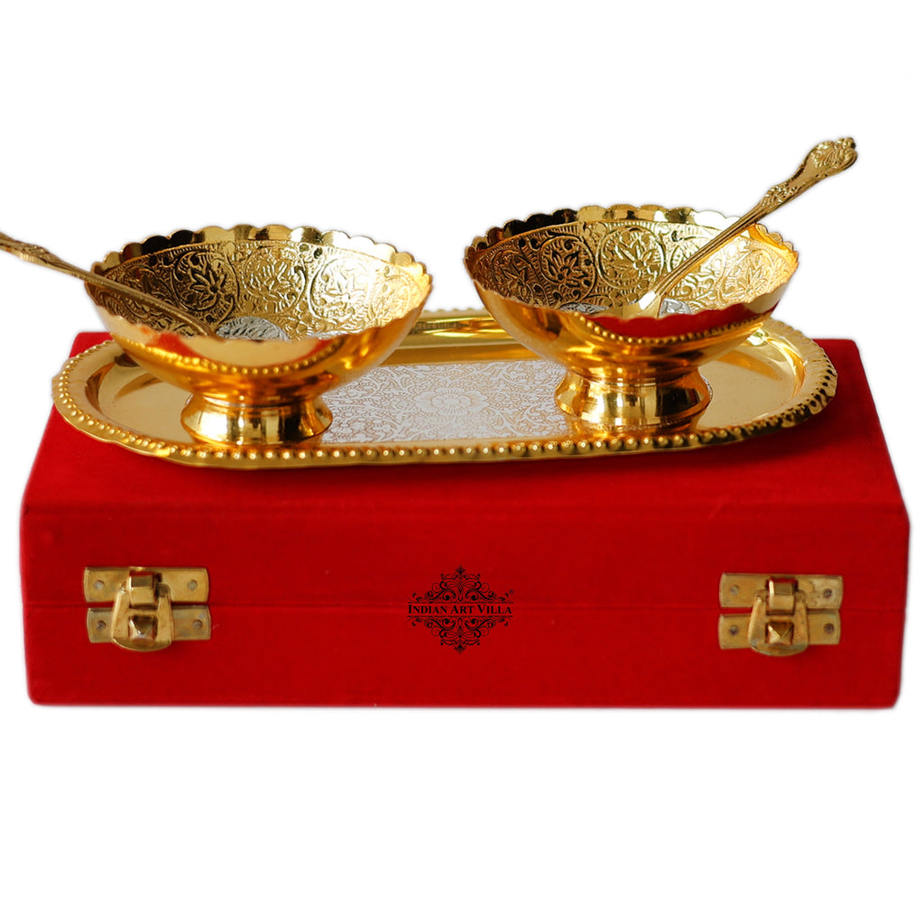 Indian Art Villa Pure Brass With Silver Plating & Gold Polished 2 Bowl, 2 Spoon & 1 Tray Set With Red Velvet Gift Box