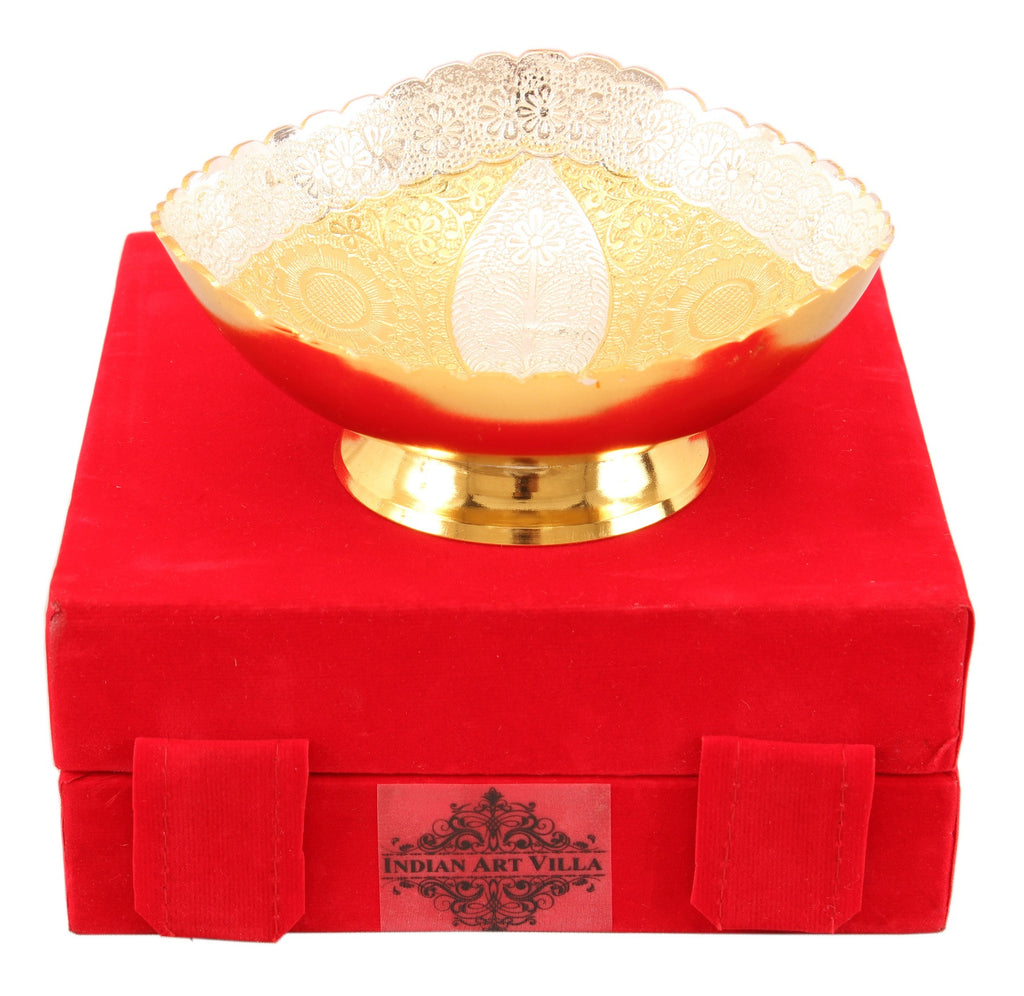 Indian Art Villa Pure Silver Plated Gold Polished Leaf Design Oval Shape Bowl 520 ML