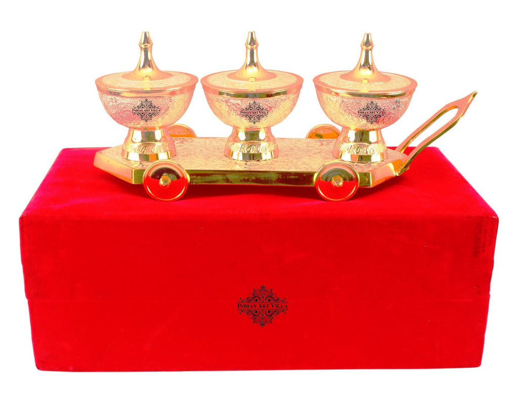 Indian Art Villa Pure Silver Plated Gold Polished 3 Dry Fruits Bowls with Trolley