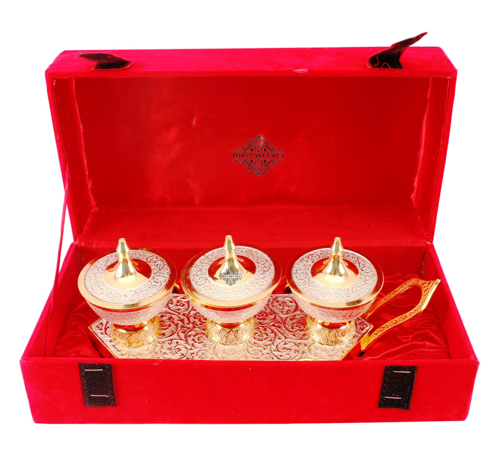 Indian Art Villa Pure Silver Plated Gold Polished 3 Dry Fruits Bowls with Trolley
