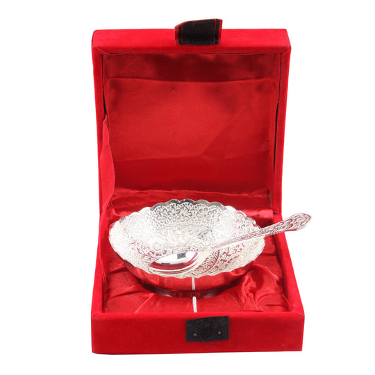 Silver plated floral bowl 150 ML with spoon side view — Indian Art Villa
