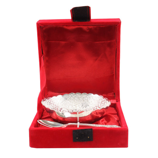 Pure silver plated floral design bowl 150 ML with spoon full view — Indian Art Villa