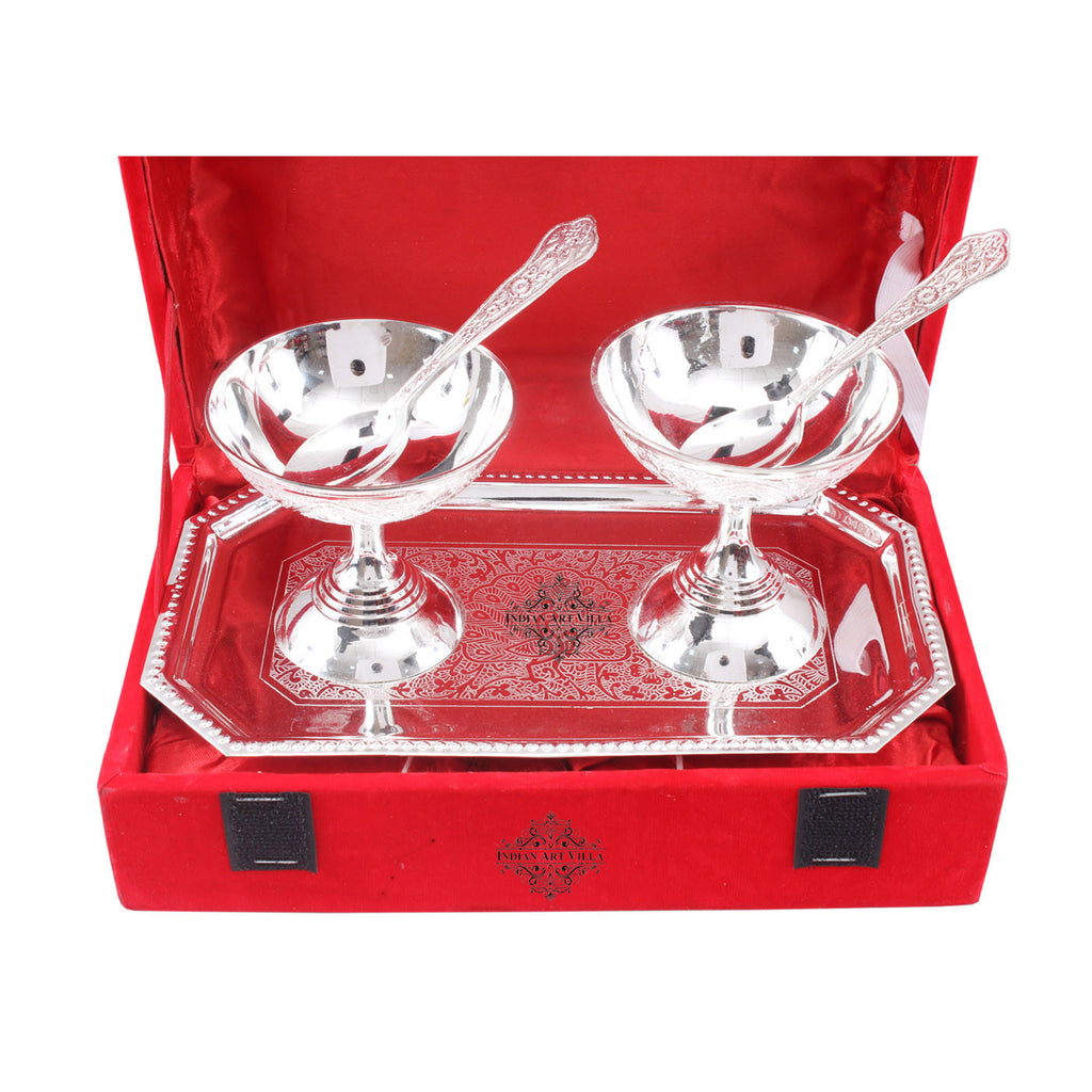 Indian Art Villa Silver Plated Designer Ice Cream 2 Bowl with 2 Spoon & 1 Tray