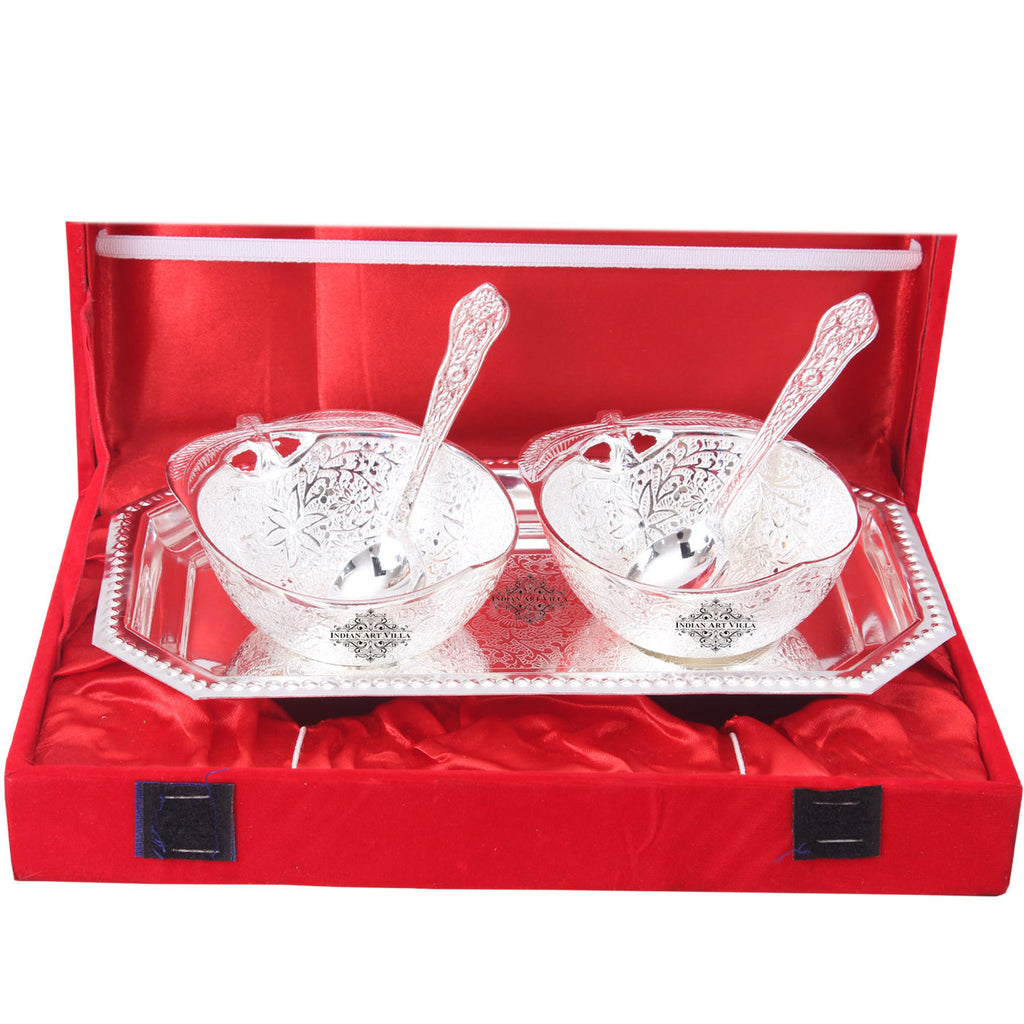 Indian Art Villa Pure Silver Plated Handmade  Mango Design Bowl with 2 Spoon & 1 Tray