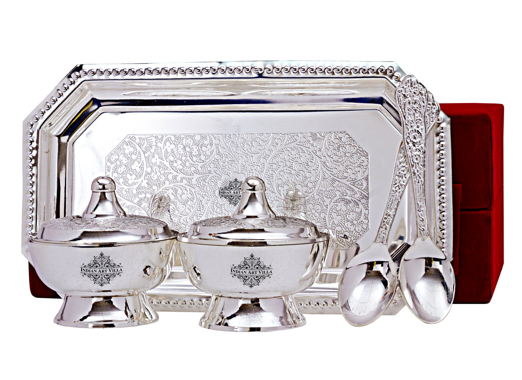 Indian Art Villa Silver Plated Set of 2 Beetel Bowl with 2 Spoon & 1 Tray