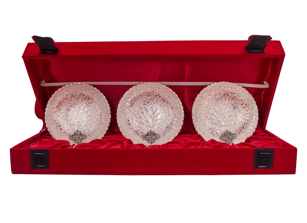 Indian Art Villa Silver Plated Handmade Set of 3 Peacock Design Bowl 150 ML