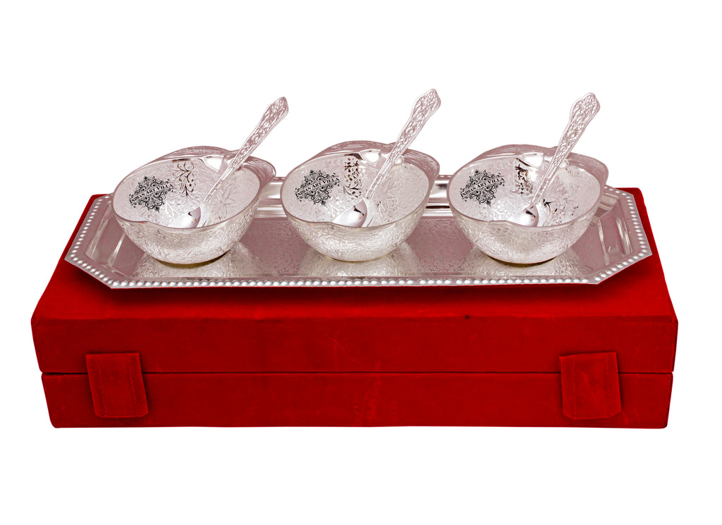 Silver Plated Mango Design 3 Bowl with 3 Spoon & 1 Tray