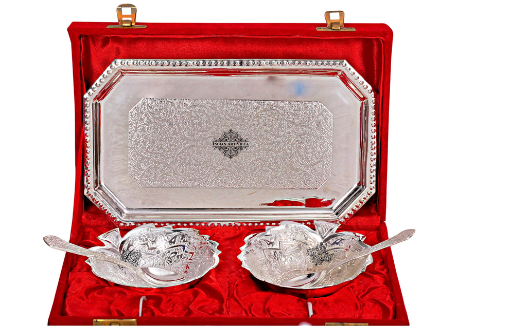 Indian Art Villa Pure Silver Plated Handmade Leaf Design 2 Bowl with 2 Spoon & 1 Tray