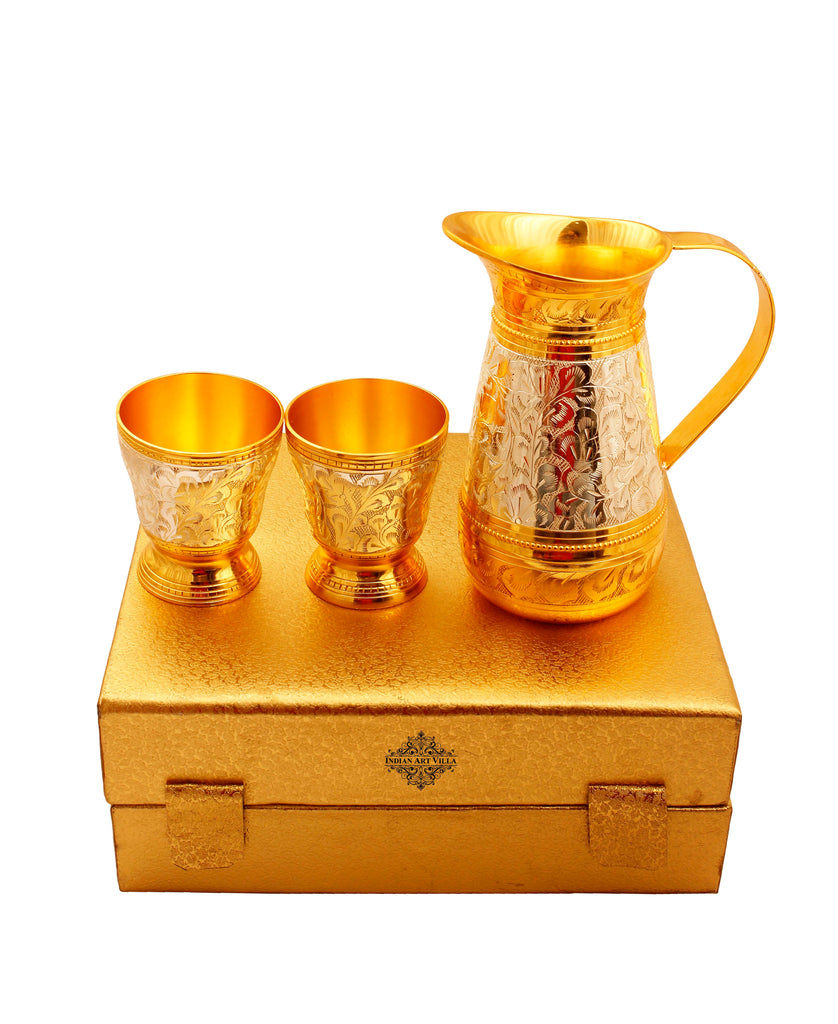 Indian Art Villa Silver & Gold Plated Jug & 2 Glass Tumbler, Drinkware, Gift Set, 3 Pieces