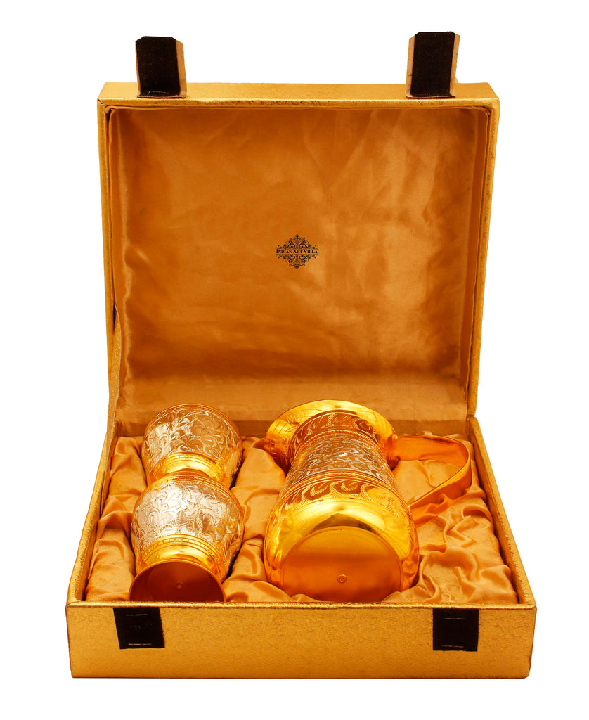 Indian Art Villa Silver & Gold Plated Jug & 2 Glass Tumbler, Drinkware, Gift Set, 3 Pieces