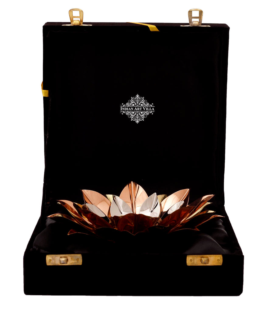 Indian Art Villa Pure Copper Lotus Design Tea Light Candle Diya / Deepak With Black Velvet Gift Box, Colour-Gold, Silver & Brown, Width-8 Inches