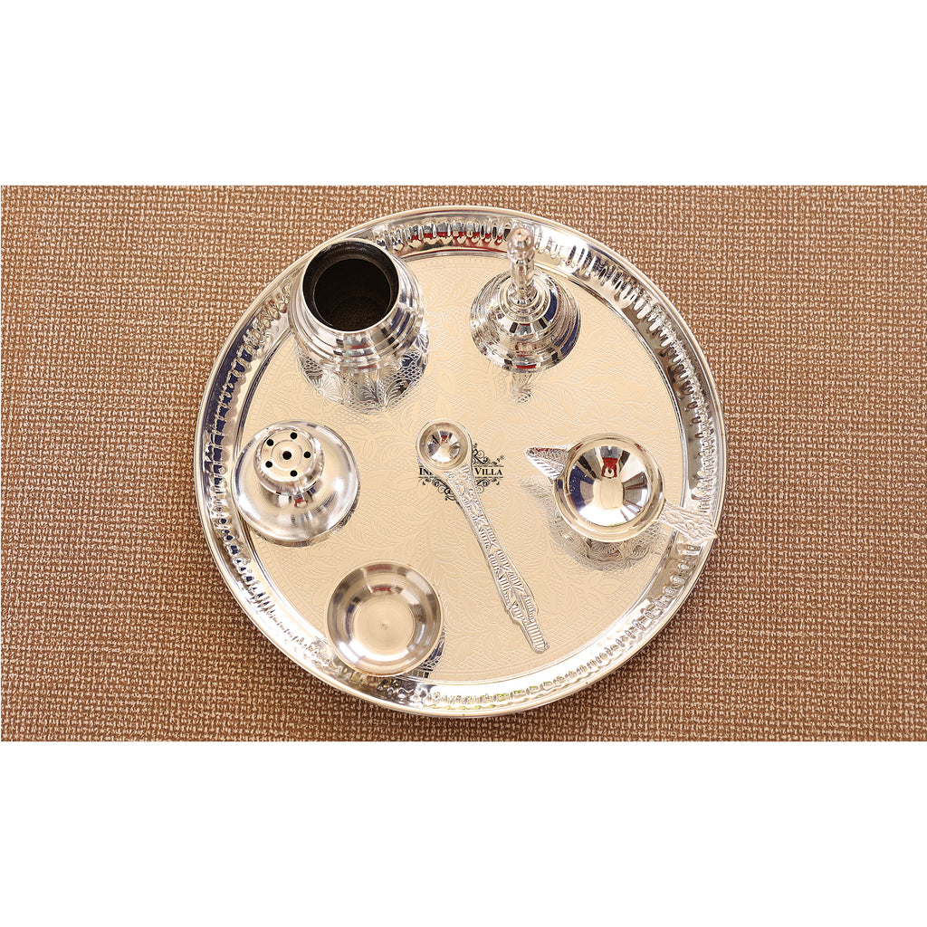 IndianArtVilla Leaf Design Silver Plated Pooja Aarti Thali Set, Poojan Purpose, 7 Pieces