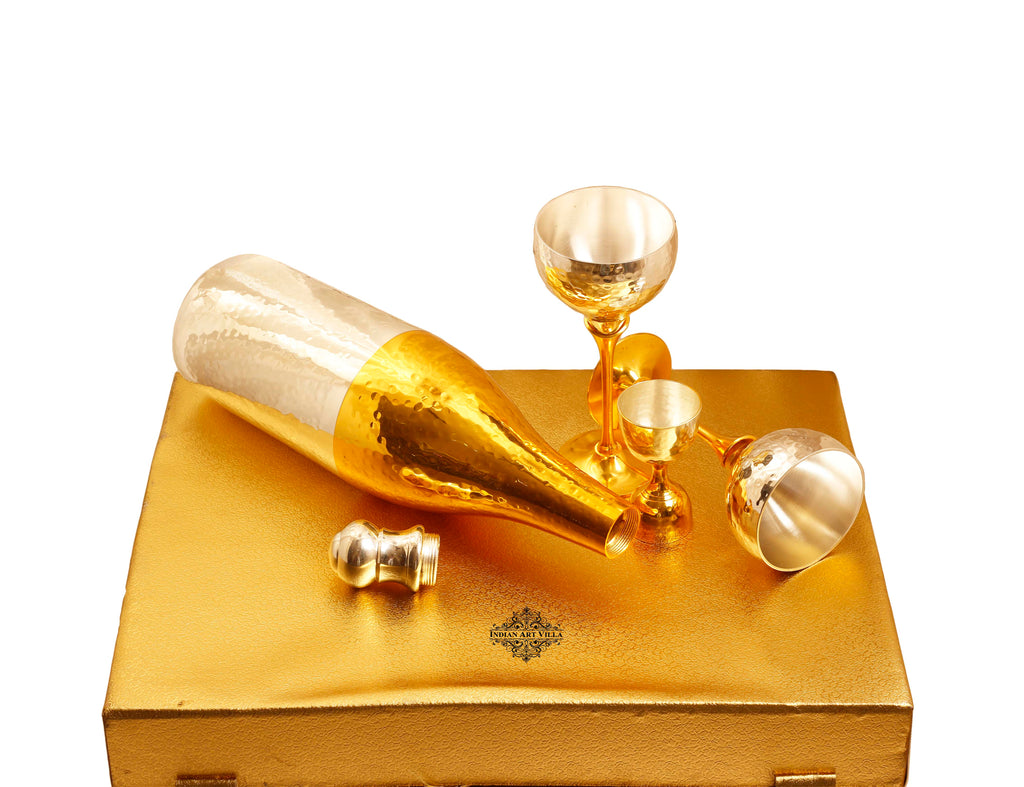 Indian Art Villa Silver & Gold Plated Champagne Bottle, 2 Wine Glass & Peg Measure, Barware Gift Set