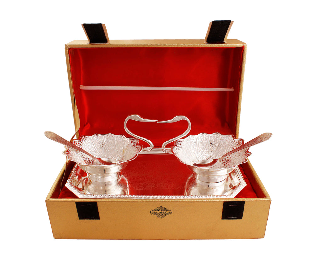 Indian Art Villa Silver Plated Duck Design 2 Bowl, 2 Spoon & 1 Tray, 5 Pieces