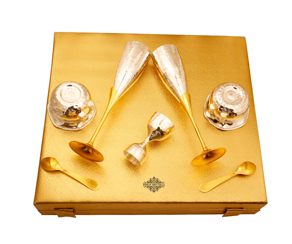 Indian Art Villa Silver & Gold Plated Champagne Glass, Silver 2 Bowl & Peg Measure, Gold Plated 2 Spoon