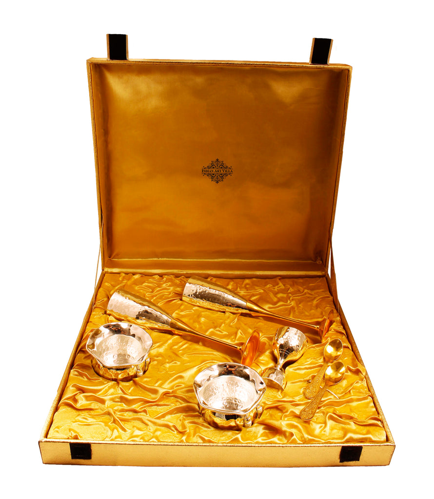 Indian Art Villa Silver & Gold Plated Champagne Glass, Silver 2 Bowl & Peg Measure, Gold Plated 2 Spoon