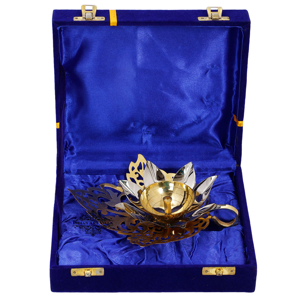Indian Art Villa Pure Silver & Gold Plated Curved Leaf Design Akhand Diya With Blue Box