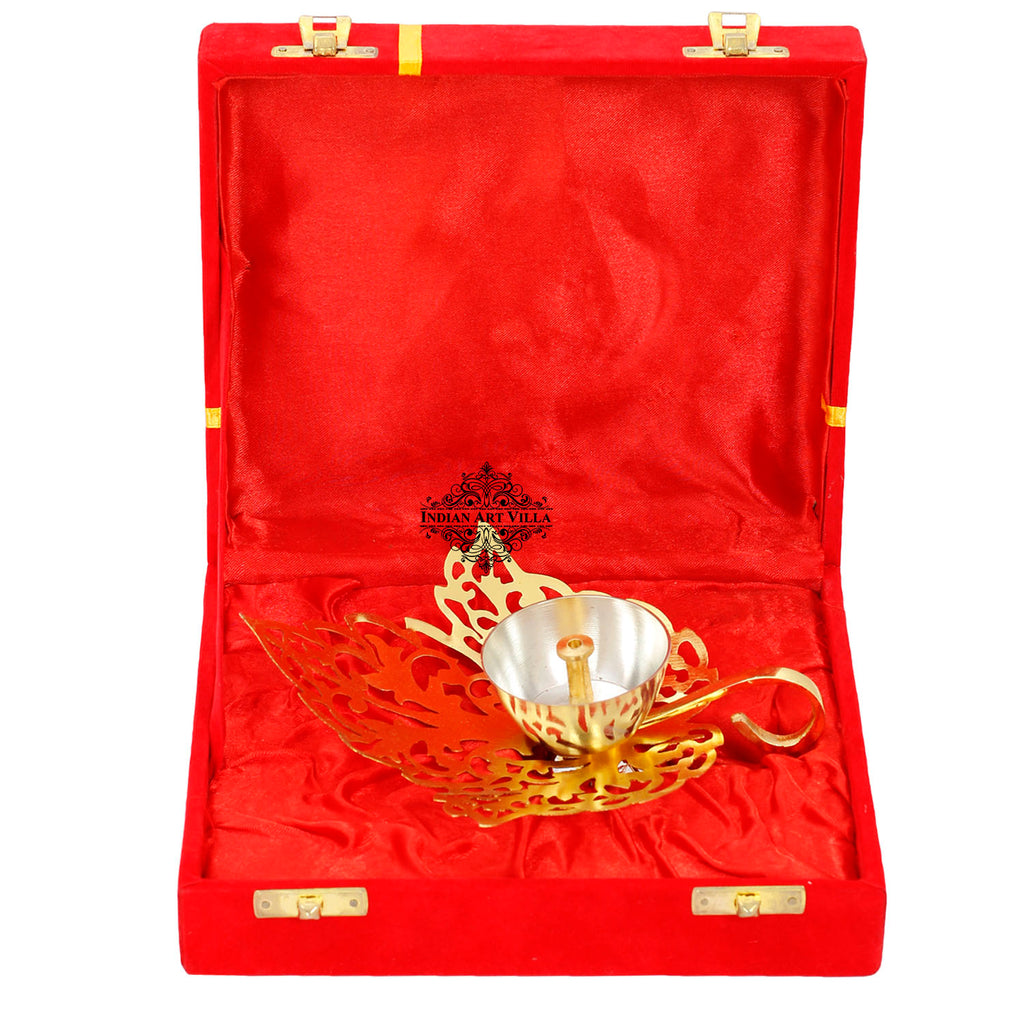 INDIAN ART VILLA Silver & Gold Plated Curved Leaf Design Akhand Diya With Red Box