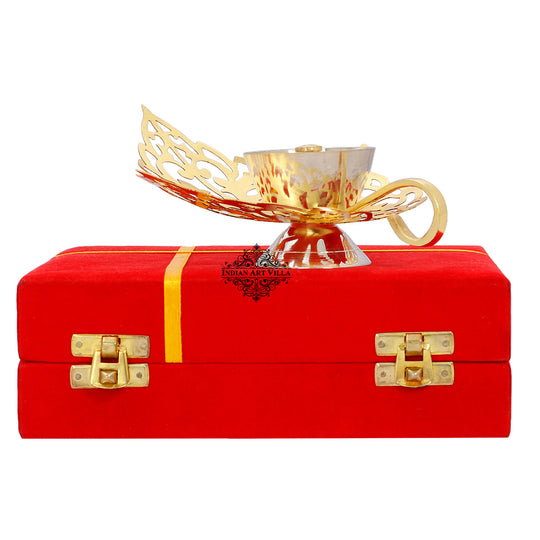 Silver Plated & Gold Polished Curved Leaf Design Akhand Diya With Red Box