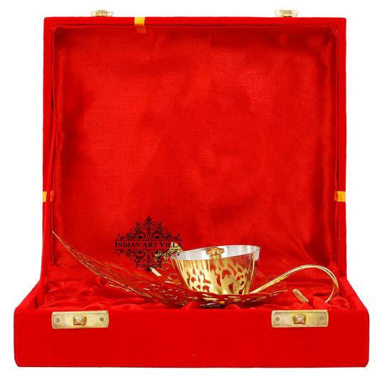 Silver Plated & Gold Polished Curved Leaf Design Akhand Diya With Red Box