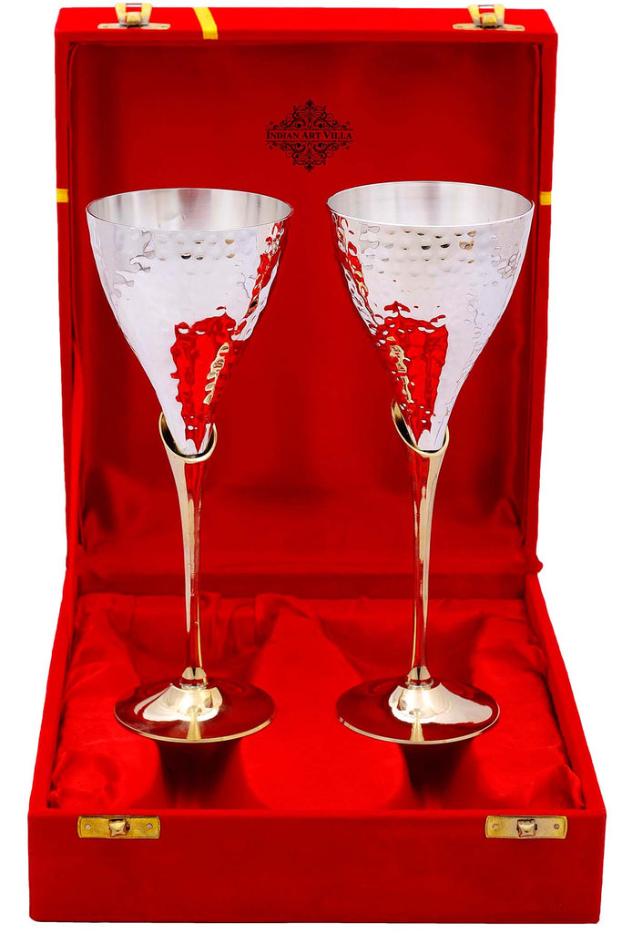 INDIAN ART VILLA SiLver Plated Hammered Design Goblet Flute Wine Glass with Red Box, 100 ML each, Set of 2