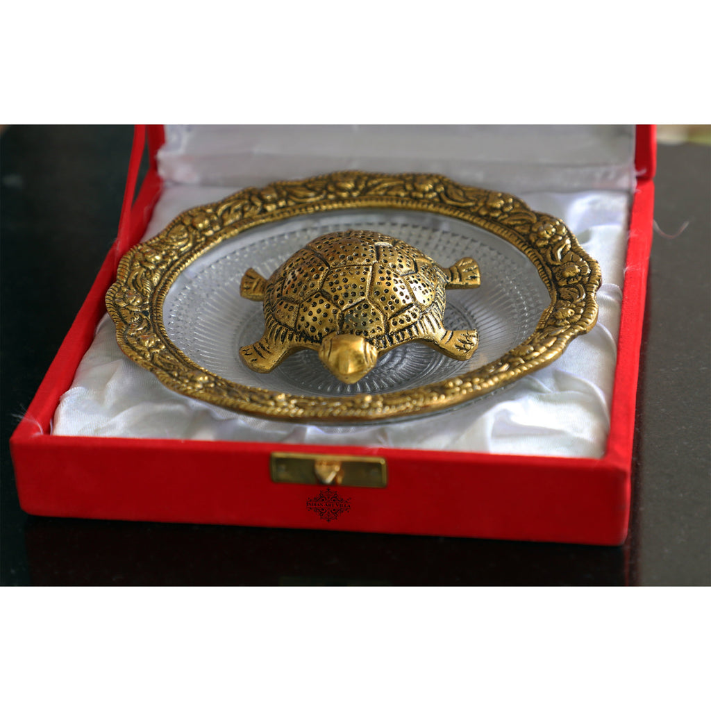 Indian Art Villa Aluminium Turtle/Tortoise & Glass Plate With Silver & Gold Plating, Size-1.5 x 5.7 Inches