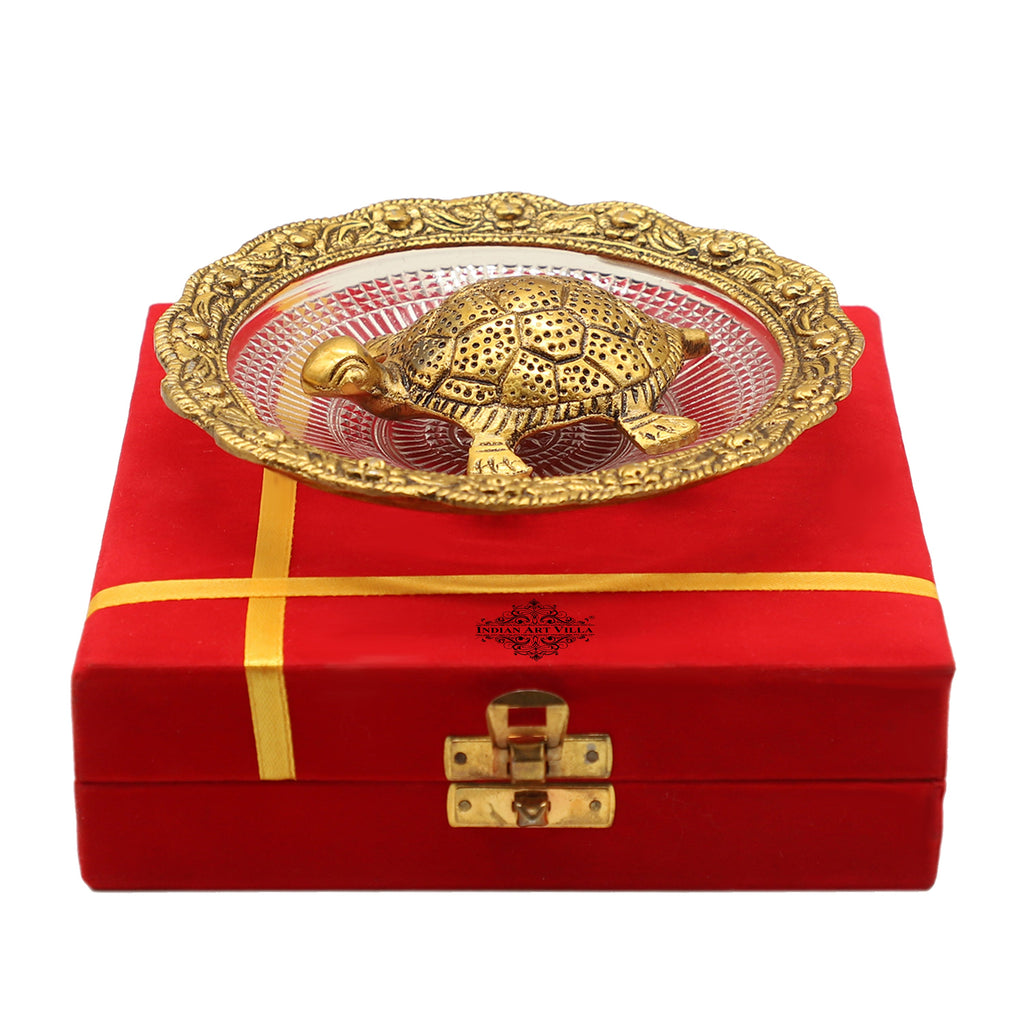 Indian Art Villa Aluminium Turtle/Tortoise & Glass Plate With Silver & Gold Plating, Size-1.5 x 5.7 Inches