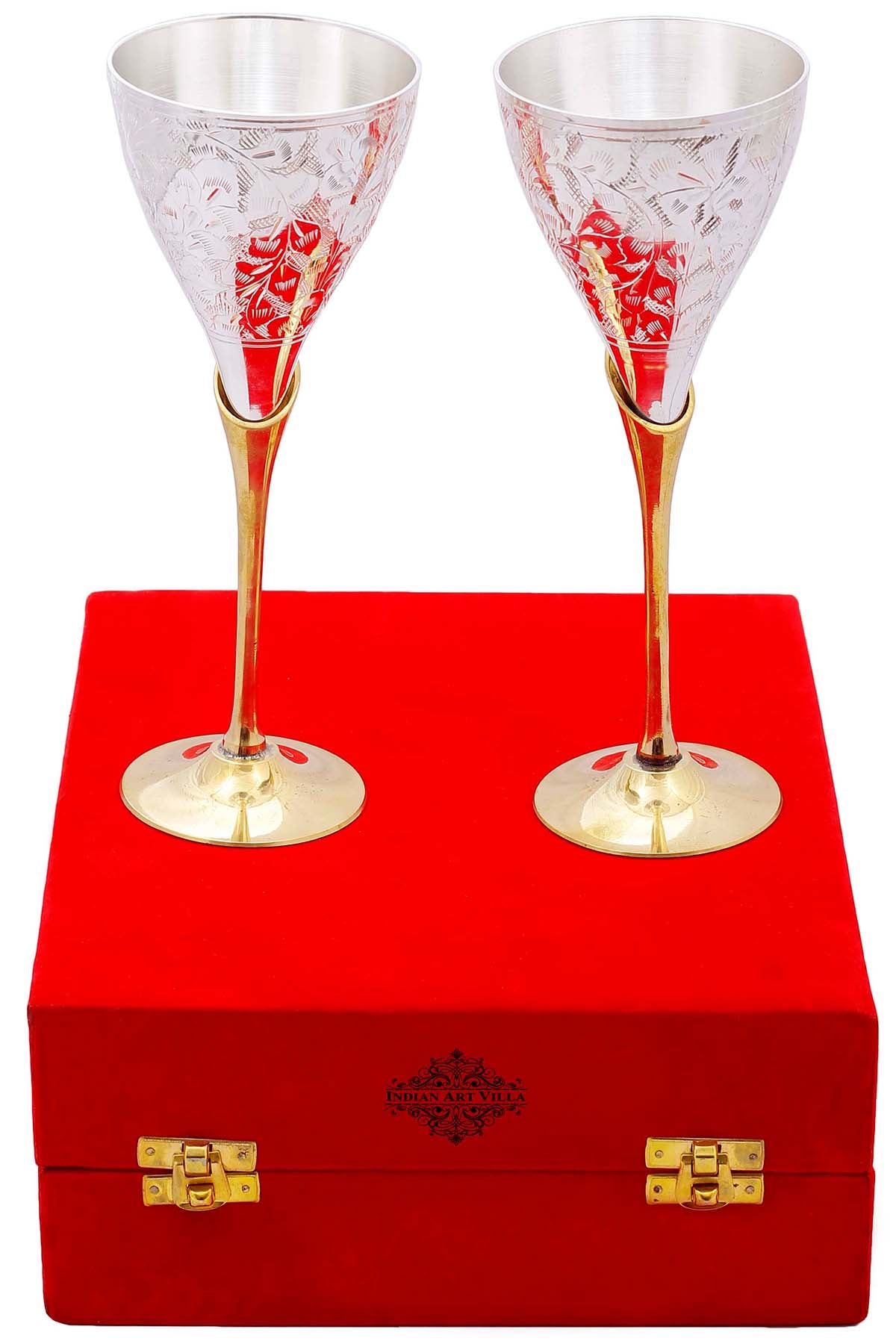Buy Indian Art Villa Pure Set of 2 Silver Plated & Brass Champagne Engraved Wine  Glass With Red Box Online - Indian Art Villa