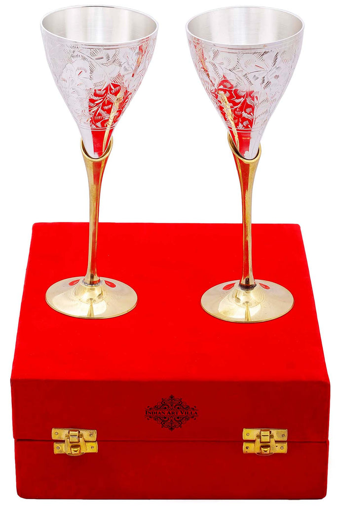 Indian Art Villa Pure Set of 2 Silver Plated & Brass Champagne Engraved Wine Glass With Red Box