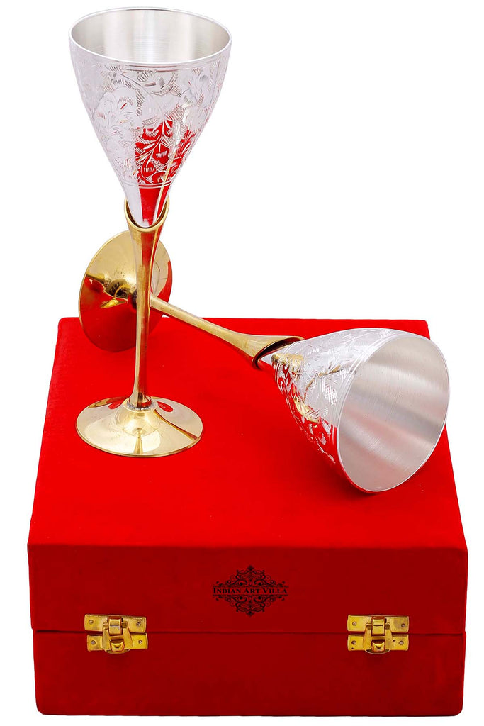 Indian Art Villa Pure Set of 2 Silver Plated & Brass Champagne Engraved Wine Glass With Red Box