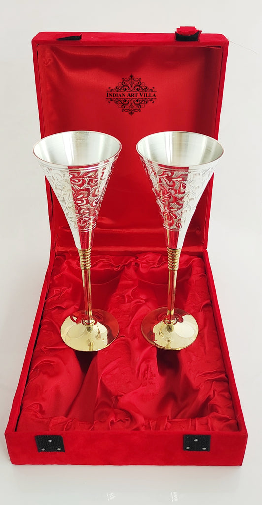 Indian Art Villa Silver Plated Engraved Goblet / Flute Glass / Wine Glass with Red Box | Set of 2 | 100 ML each