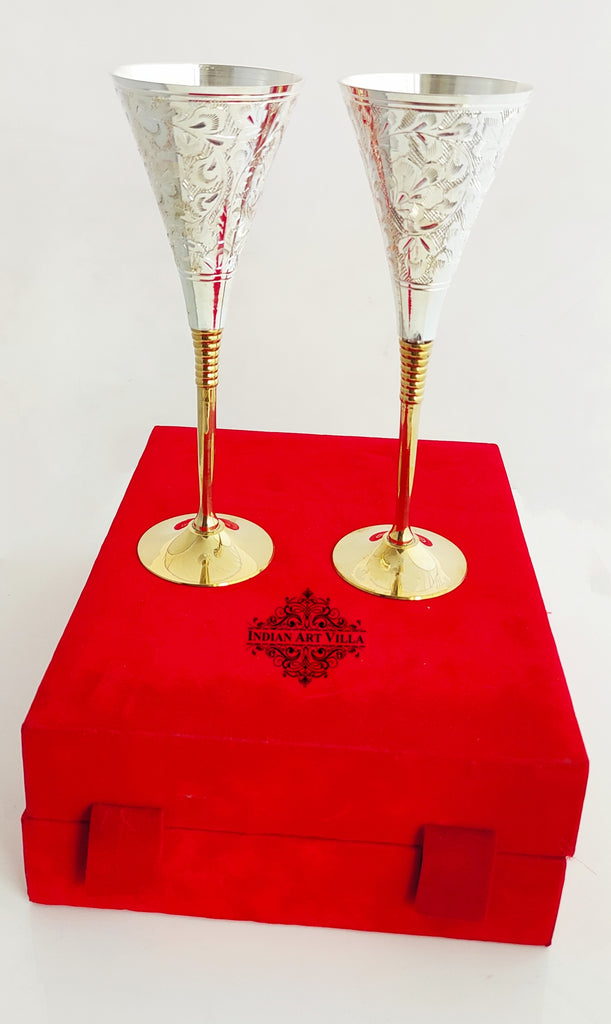 Indian Art Villa Silver Plated Engraved Goblet / Flute Glass / Wine Glass with Red Box | Set of 2 | 100 ML each