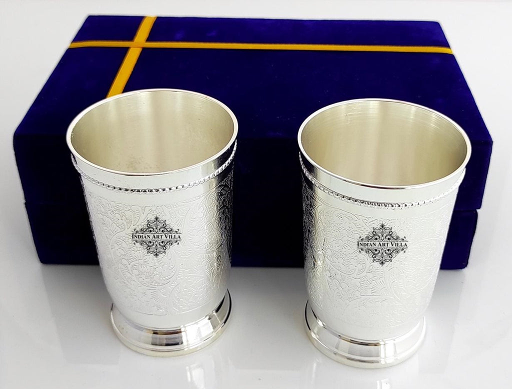 Indian Art Villa Embossed Designer Silver Plated Set of 2 Designer Glass With Blue Box , Best For Parties , 260 ML Each