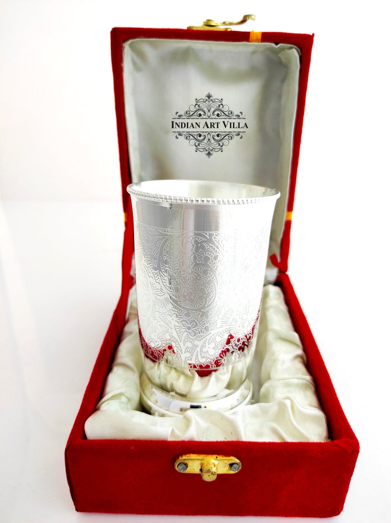 Indian Art Villa Embossed Design Silver Plated Glass With Red Box , Best For Parties , 250 ML