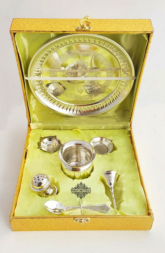 Silver Plated Pooja Thali set, this set includes all the materials that you need to worship your God / Lord. This Beautiful Set looks attractive when kept in your temple.